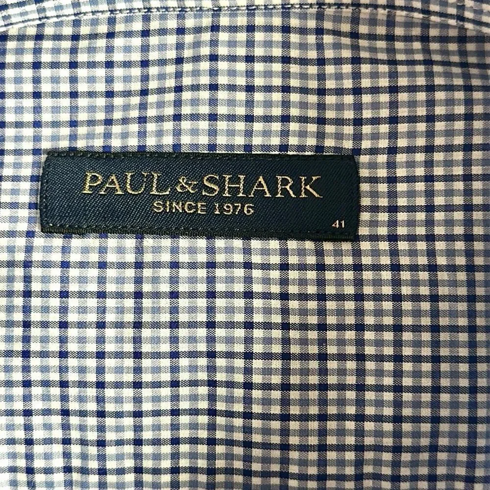 Paul & Shark Casual Shirt Button Down Cotton Blue Plaid Italy size L neck 16,5